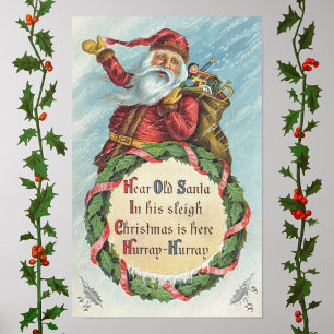 Póster Natal vintage, Victorian Papai Noel na grinalda