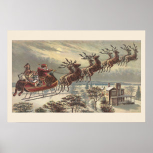 Póster Natal vintage, Victorian Papai Noel no trenó