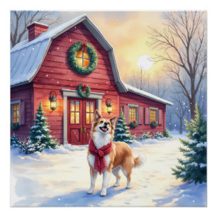 Póster Natalina Border Collie Fazenda Natal em Aquarela