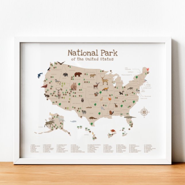 Poster National Park Map Woodland Animal Nursersery Impre (National Park Map Woodland Animal Nursery Print)