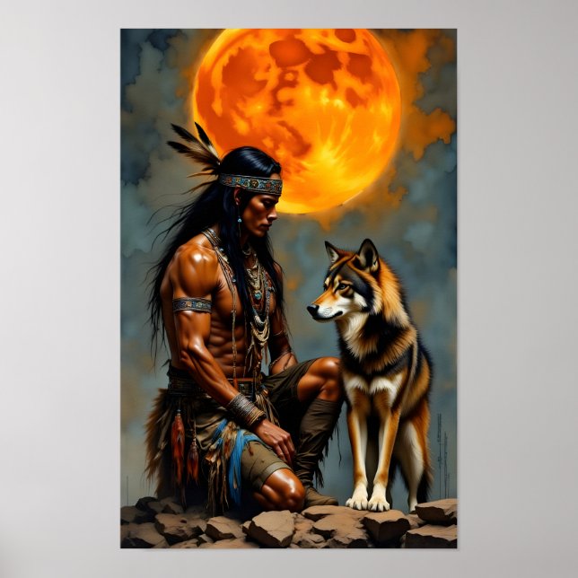 Poster Nativo Americano e Lobo (Frente)