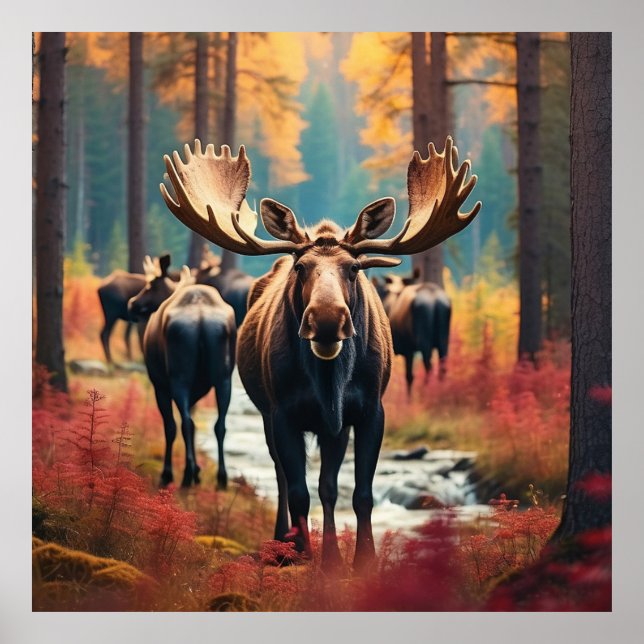 Poster *~* Nature AP49 MOOSE Forest PINES STREAM (Frente)