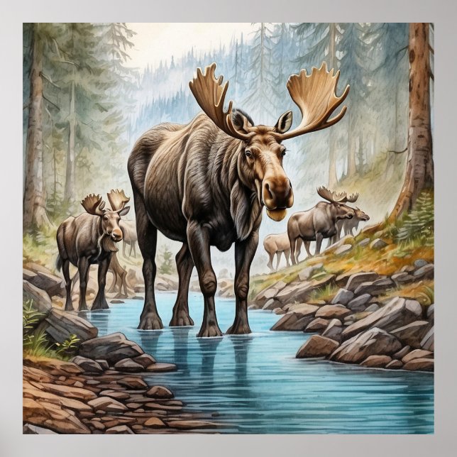 Poster *~* Nature AP49 MOOSE HERD Forest STREAM (Frente)