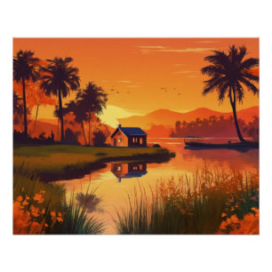 Póster Nature Sunset Painting with Lake, Cottage