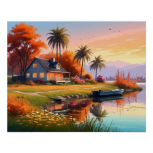 Póster Nature Sunset Painting with Lake, Cottage