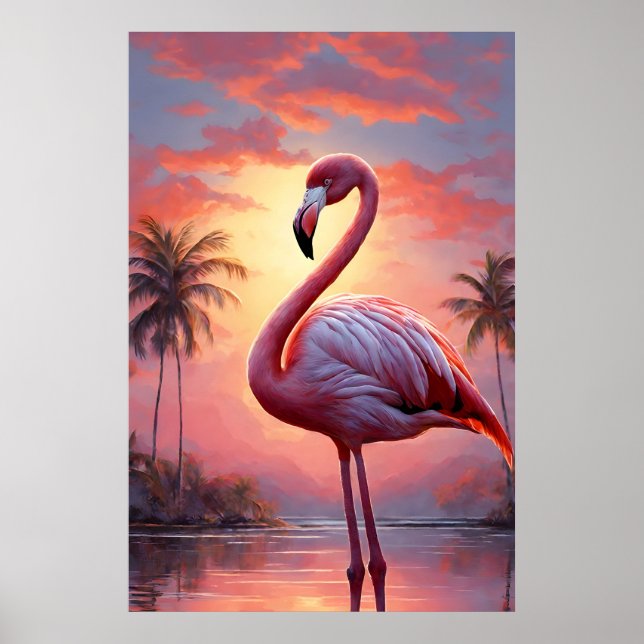 Poster Nature Sunset Pink Flamingo Vintage (Frente)
