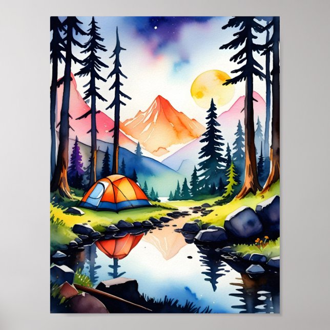 Poster Nature Watercolor Sunset Mountain Lake Camping (Frente)