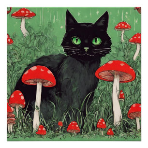 Póster Natureza do Gato Negro e Cogumelos Vermelhos Selva