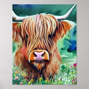 Poster Natureza Highland Cow Watercolor