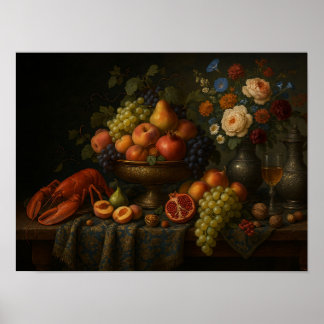 Poster Natureza-morta barroca com frutas e lagosta