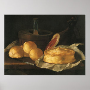 Poster Natureza-morta barroca vintage com pão, torta, pre