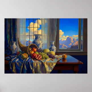 Poster Natureza-morta com Janela Azul e Picos Distantes
