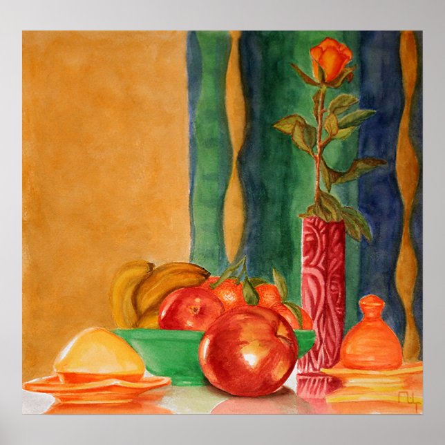 Poster natureza-morta com rosas e frutas (Frente)