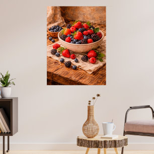 Poster Natureza Morta de Frutas Vermelhas Rústicas uma Co