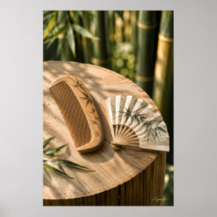 Poster Natureza-morta de Pente de Bambu Japonês e Leque d