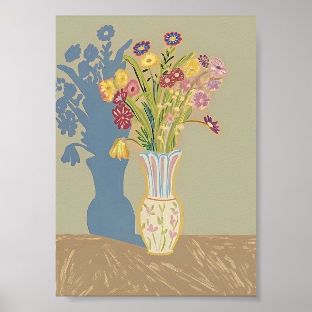 Poster Natureza-Morta Floral Boho com Sombra Azul Fol Mod (Frente)