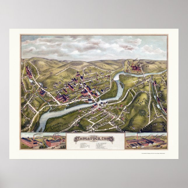 Póster Naugatuck, CT Mapa Panorâmico - 1877 (Frente)