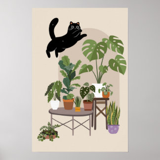 Poster Naughty Black Cat & Monstera Jungle