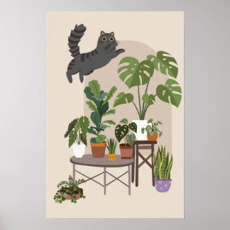Poster Naughty Grey Tabby Cat & Monstera Jungle