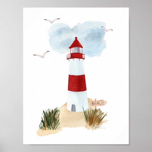 Poster Nautical Beach Red And White Lighthouse Nursery  (Frente)