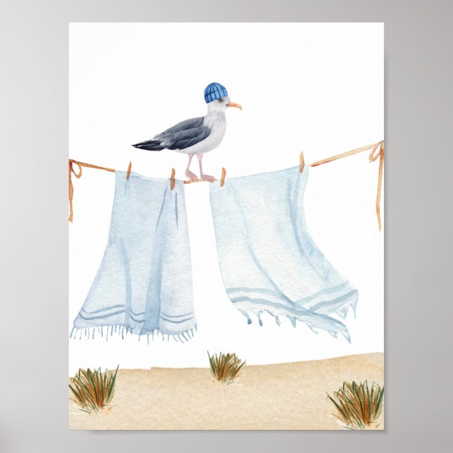 Poster Nautical Beach Seagull With A Hat Laundry Nursery (Frente)