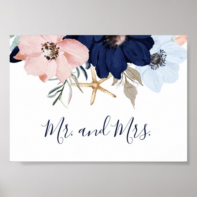 Poster Náutico Moderno | Floral Sr. e Sra. Wedding Sign (Frente)
