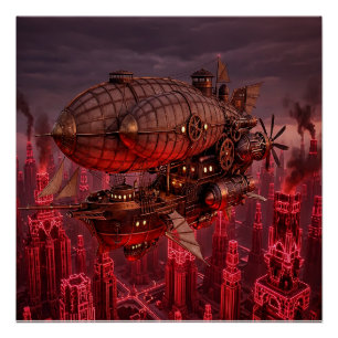 Póster Nave Aérea Steampunk Voando Acima da Cidade