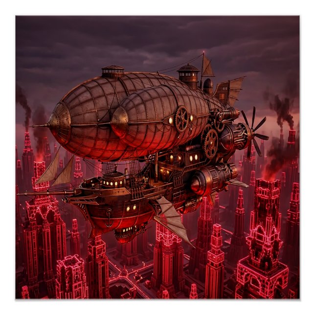Póster Nave Aérea Steampunk Voando Acima da Cidade (Frente)