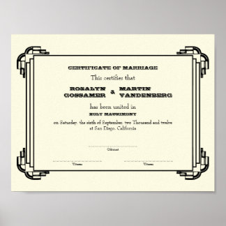 Póster Nave de certificado de casamento do Black Deco