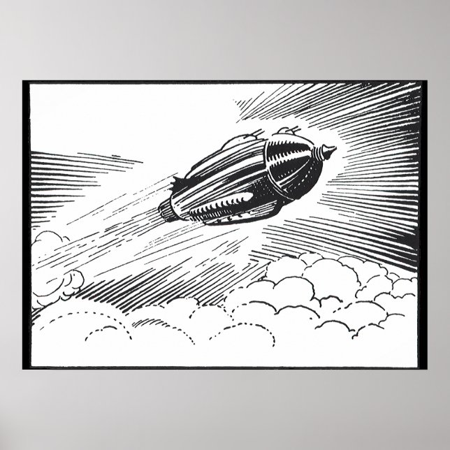 Poster Nave Espacial de Ficção Científica Vintage Foguete (Frente)