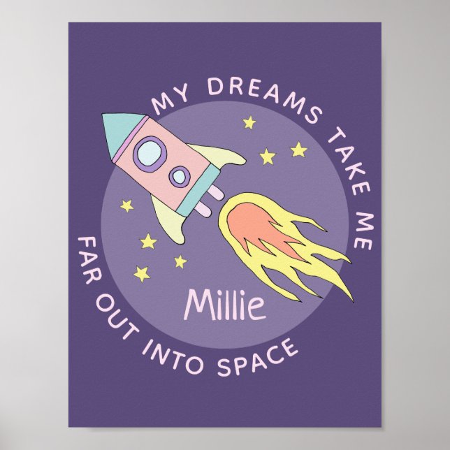 Poster Nave Espacial Rosa para Meninas e Nome Kids (Frente)