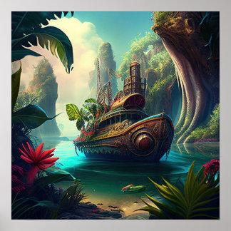 Poster Nave Steampunk num realismo de magia na selva - IA