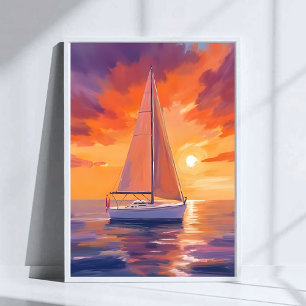 Poster Navegando ao Pôr do Sol Pintura do Oceano Costei