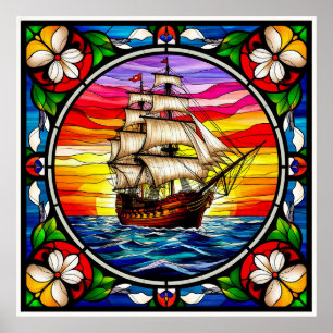 Poster Navio à Vela em Mar Aberto ao Pôr do Sol