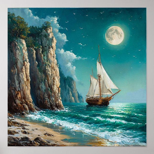 Poster Navio à Vela Oceano Clássico Paisagem Marítima (Frente)