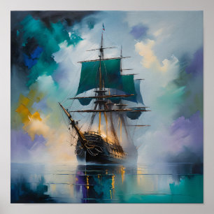 Poster Navio Alto Místico na Névoa – Pintura Náutica Sonh