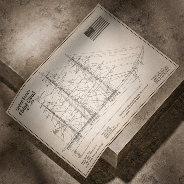 Poster Navio Clipper Flying Cloud - Planta do Navio SD (Clipper Ship Flying Cloud - Ship Blueprint SD. Poster)