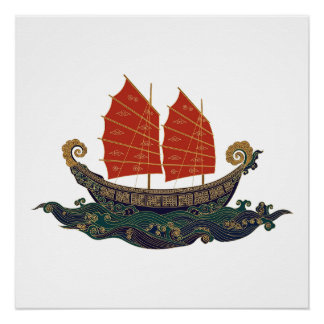 Póster Navio de Junk de Vela Vermelha Navio do Tesouro Ch