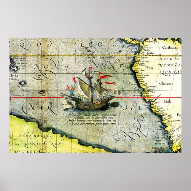 Poster Navio de Magalhães Victoria, Mapa Antiquado do Oce (Frente)