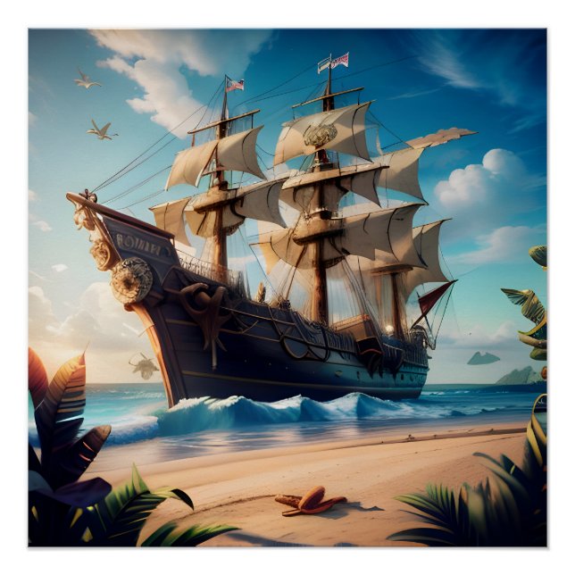 Póster Navio de pirata de praia tropical (Frente)
