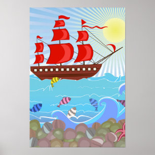 Poster Navio de pirata vermelho ilustrado