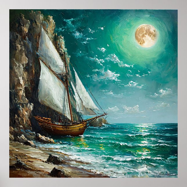 Poster Navio de vela ancorado perto de penhascos rochosos (Frente)