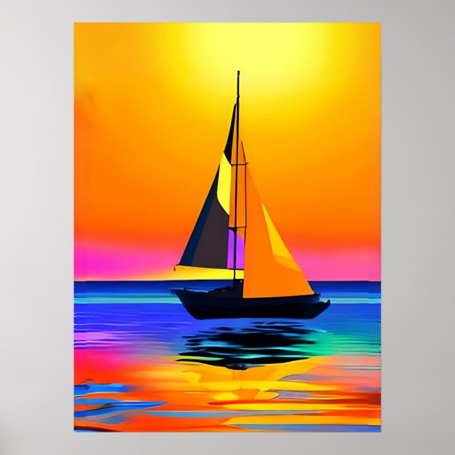 Poster Navio de vela contra um pôr do sol do oceano vibra (Frente)