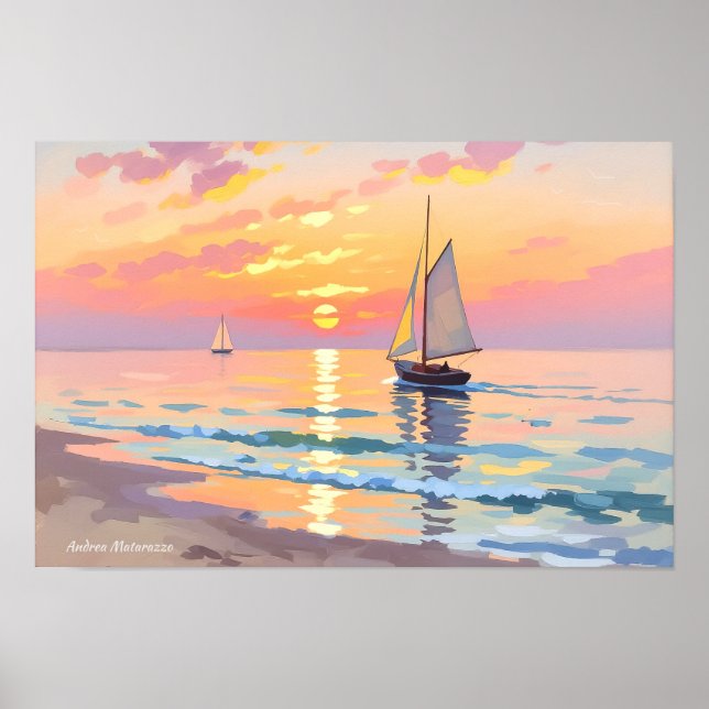 Poster Navio de vela no pôr do sol no mar (Frente)