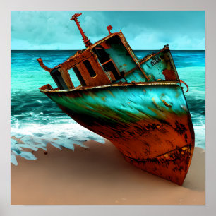 Poster Navio Desertado em uma praia Sandy