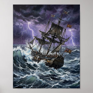 Poster Navio Galeão Dramático Tempestade Oceano Relâmpago