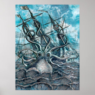 Poster Navio gigante Octopus Blue Sea Monster
