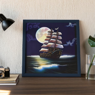 Poster Navio iluminado no oceano sob a Lua