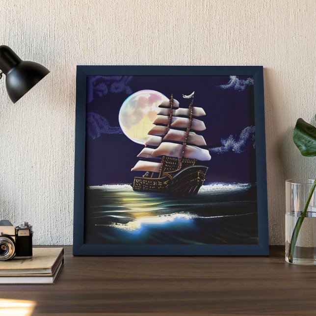 Poster Navio iluminado no oceano sob a Lua (Criador carregado)