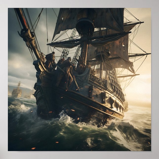 Poster Navio pirata velejando ao nascer do sol (Frente)